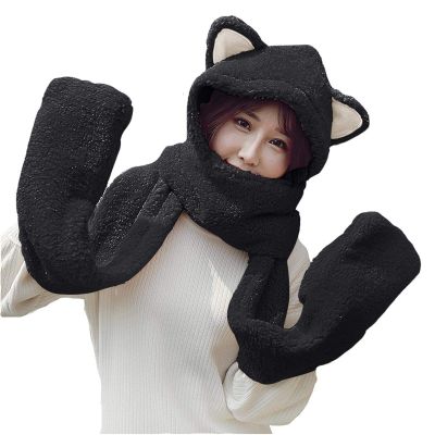 3 in 1 Scarf Hat Gloves Set for Women Girls Winter Thicken Soft Fleece Cute Cartoon Animal Hat with Long Paws Novelty Hoodie Cap Scarf Gloves Warm Winter Headwear