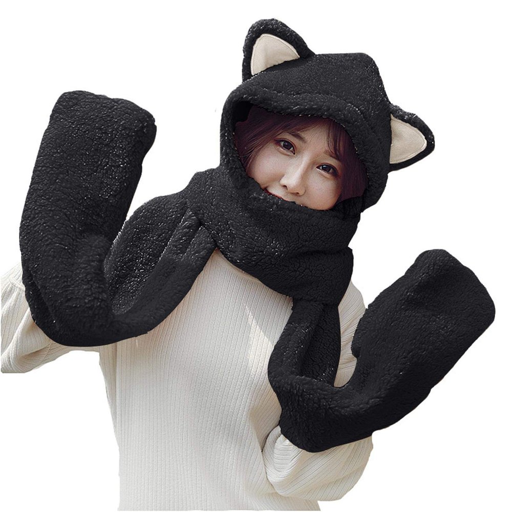 3 in 1 Scarf Hat Gloves Set for Women Girls Winter Thicken Soft Fleece Cute Cartoon Animal Hat with Long Paws Novelty Hoodie Cap Scarf Gloves Warm Winter Headwear