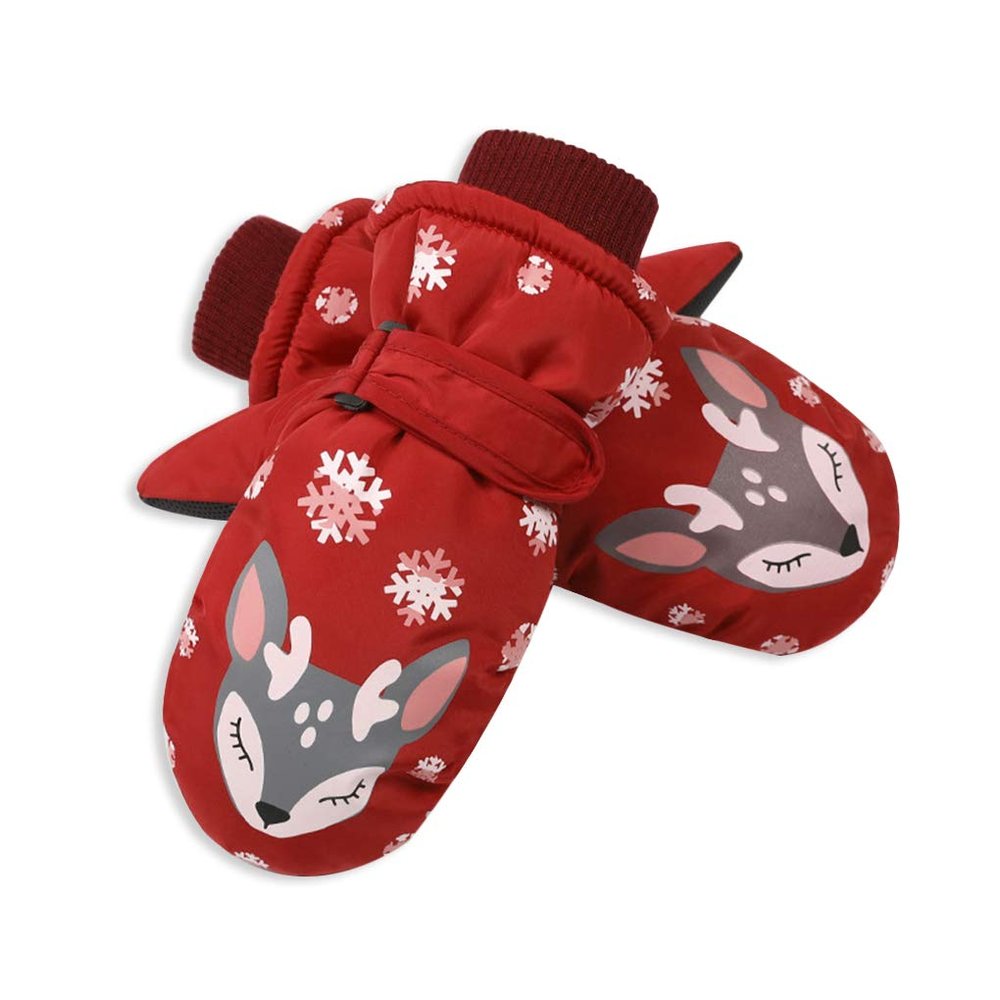 Kids Boys Girls Ski Gloves Warm Waterproof Snow Cycling Riding Toddlers Mittens (Red)