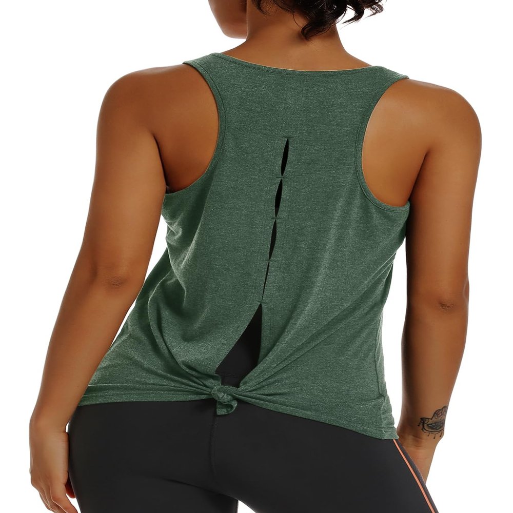 Muzniuer Womens Workout Tank Tops-Open Back Yoga Tank Tops Running Activewear Loose Fit Soft Shirts for Women Green S