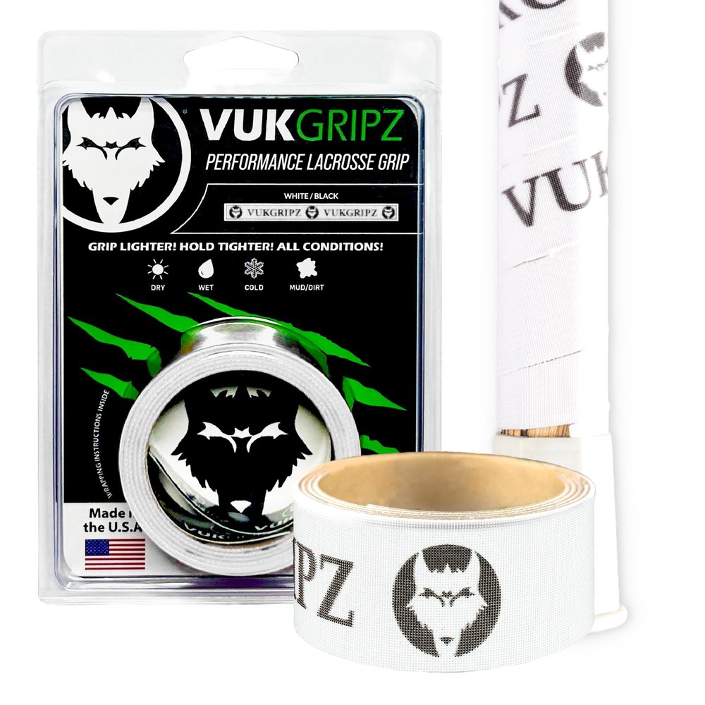 VukGripz Lacrosse Stick Tape - Non-Sticky, Friction-Based, Moisture-Wicking Lacrosse Grip Tape, Thin and Reusable, NCAA-Legal Faceoff Grip, Slip-Free in Wet Conditions, Made in USA (White)