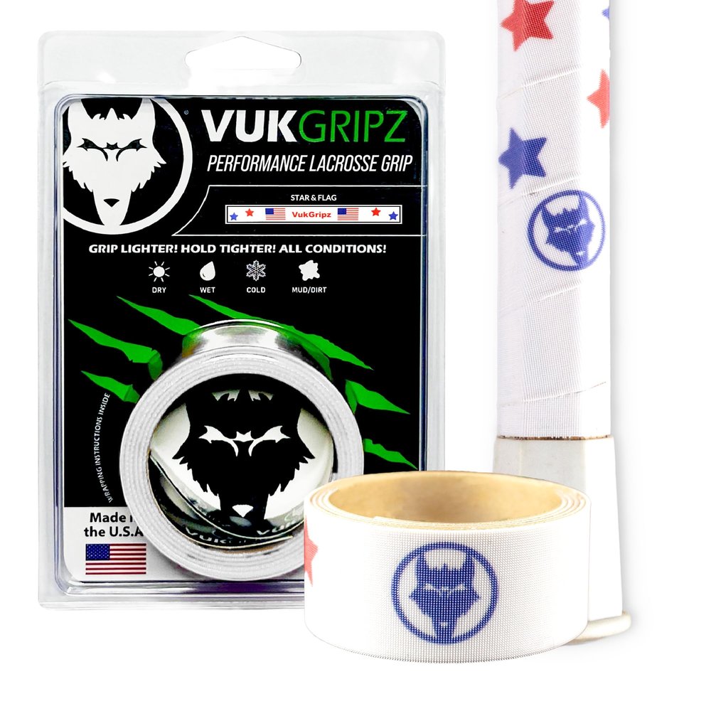 VukGripz Lacrosse Stick Tape - Non-Sticky, Friction-Based, Moisture-Wicking Lacrosse Grip Tape, Thin and Reusable, NCAA-Legal Faceoff Grip, Slip-Free in Wet Conditions, Made in USA (Stars and Flags)