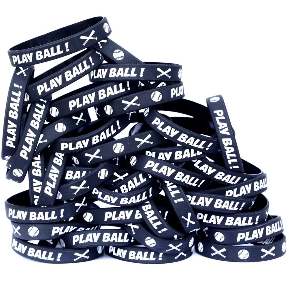 100 of Youth Size Play Ball Wristbands with Bats Silicone Wristbands