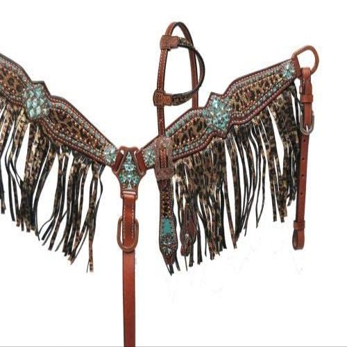 Showman Pony Bejeweled Metallic Leopard Print Headstall & Breast Collar Set