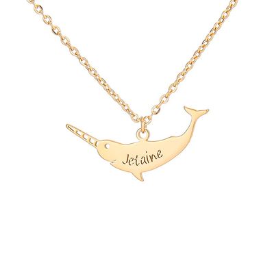 SENFAI Stainless Steel Save Narwhal Bar Necklace Custom Name Jewelry for Women(Jetaine1, Gold-Plated-Stainless-Steel)