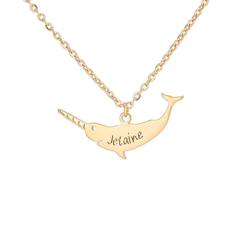 SENFAI Stainless Steel Save Narwhal Bar Necklace Custom Name Jewelry for Women(Jetaine1, Gold-Plated-Stainless-Steel)