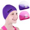 Aegend 2 Pack Kids Swim Cap for Girls Boys Age 3-8, Waterproof Swim Cap Durable Silicone Kids Swimming Cap for Long Hair, Purple & Pink view 1