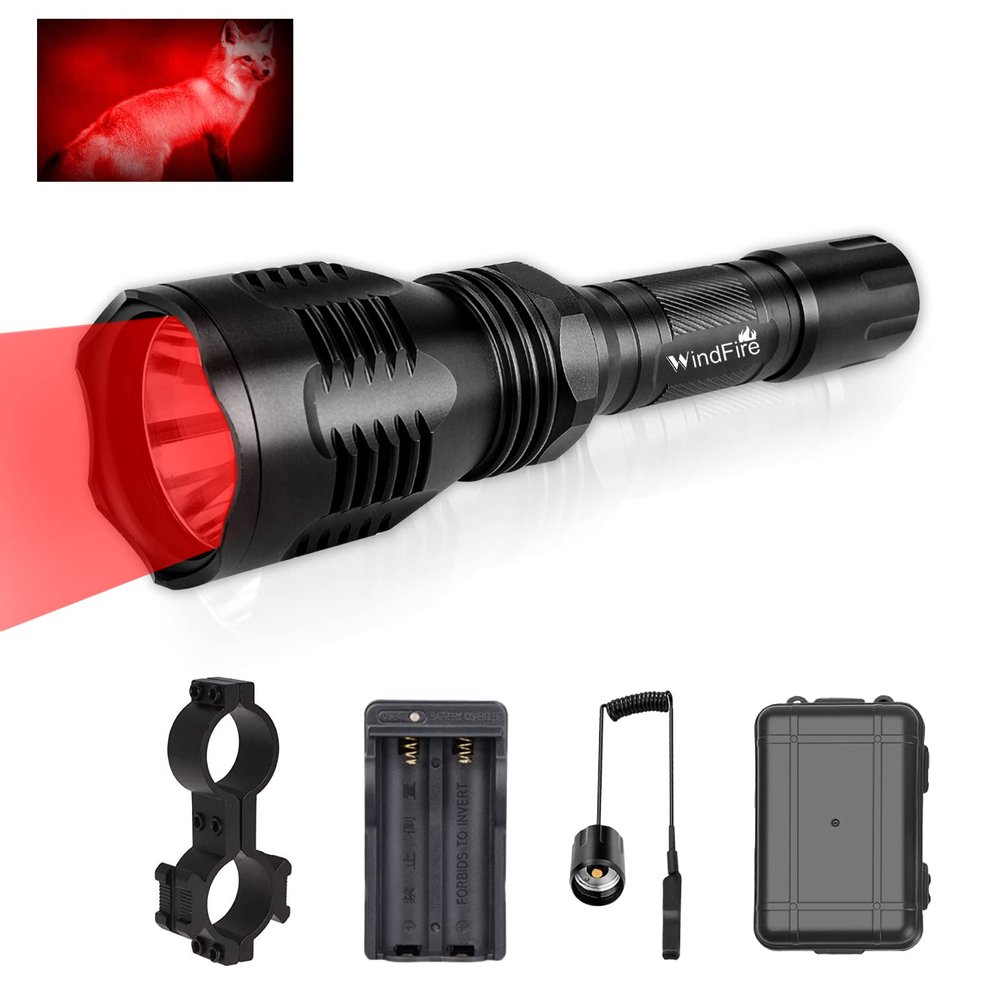WINDFIRE WF-802 350 Lumens Red Light Hunting Flashlight Kit Waterproof 250 Yard LED Coyote Hog Fox Predator Varmint Flashlights with Remote Pressure Switch & 1" Scope Mount