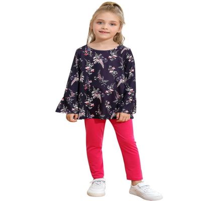 Bonny Billy Girl's Clothing Set 2 Pcs Floral Ruffle Long Sleeve Jersey Top + Leggings 8-9 Years Navy Blue