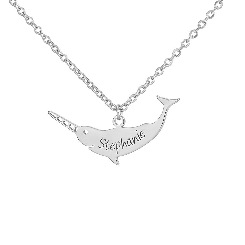 SENFAI Stainless Steel Save Narwhal Bar Necklace Custom Name Jewelry for Women(Stephanie3, Stainless-Steel)