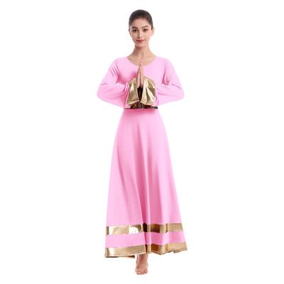 Women Metallic Gold Bell Long Sleeve Dance Robe Praise Liturgical Dress Full Length Loose Fit Worship Costume w/Sequin Elastic Belt Waistband Swing Gown Tunic Dancewear Set Pink+Gold XL