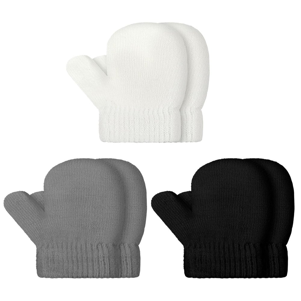 SATINIOR 3 Pairs Toddler Magic Stretch Mittens Little Girls Knit Mitten Baby Boys Soft Winter Knitted Gloves(Gray, White and Black,7-11 Years)