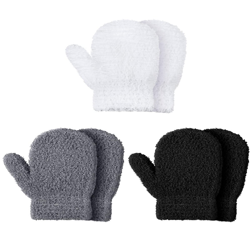 SATINIOR 3 Pairs Toddler Mittens Kids Winter Warm Gloves Baby Newborn Soft Stretch Mittens for Boys Girls(5-10 Years Size,Black, Dark Gray and White)