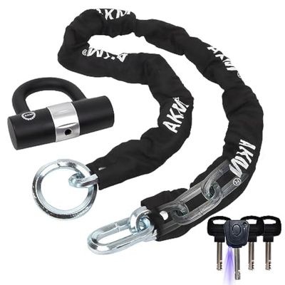 AKM Motorcycle Chain Lock 150cm/5ft Heavy Duty Bike Chain Lock Anti-Theft Cutproof 12mm Thick Security Bicycle Chain Lock with 4Keys 16mm U Lock Disc Lock for Moped,Motorcycle,Gate