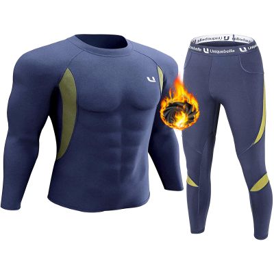 UNIQUEBELLA Men's Thermal Underwear Sets Top & Long Johns Fleece Sweat Quick Drying Thermo Base Layer Blue