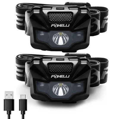 Foxelli USBCRechargeable LED Headlamp UltraLight 2.4oz & Bright180Lumens Red/White Light, 5Modes, IPX5 Waterproof, 40h Runtime for Trail Running, Camping, Hiking