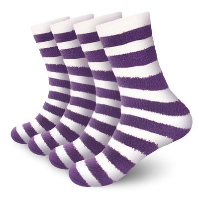 BambooMN Women's Fuzzy Team Spirit Socks - Super Soft Microfiber Game Day Sports Socks - Striped Purple & White - Extra Large - 4 Pairs