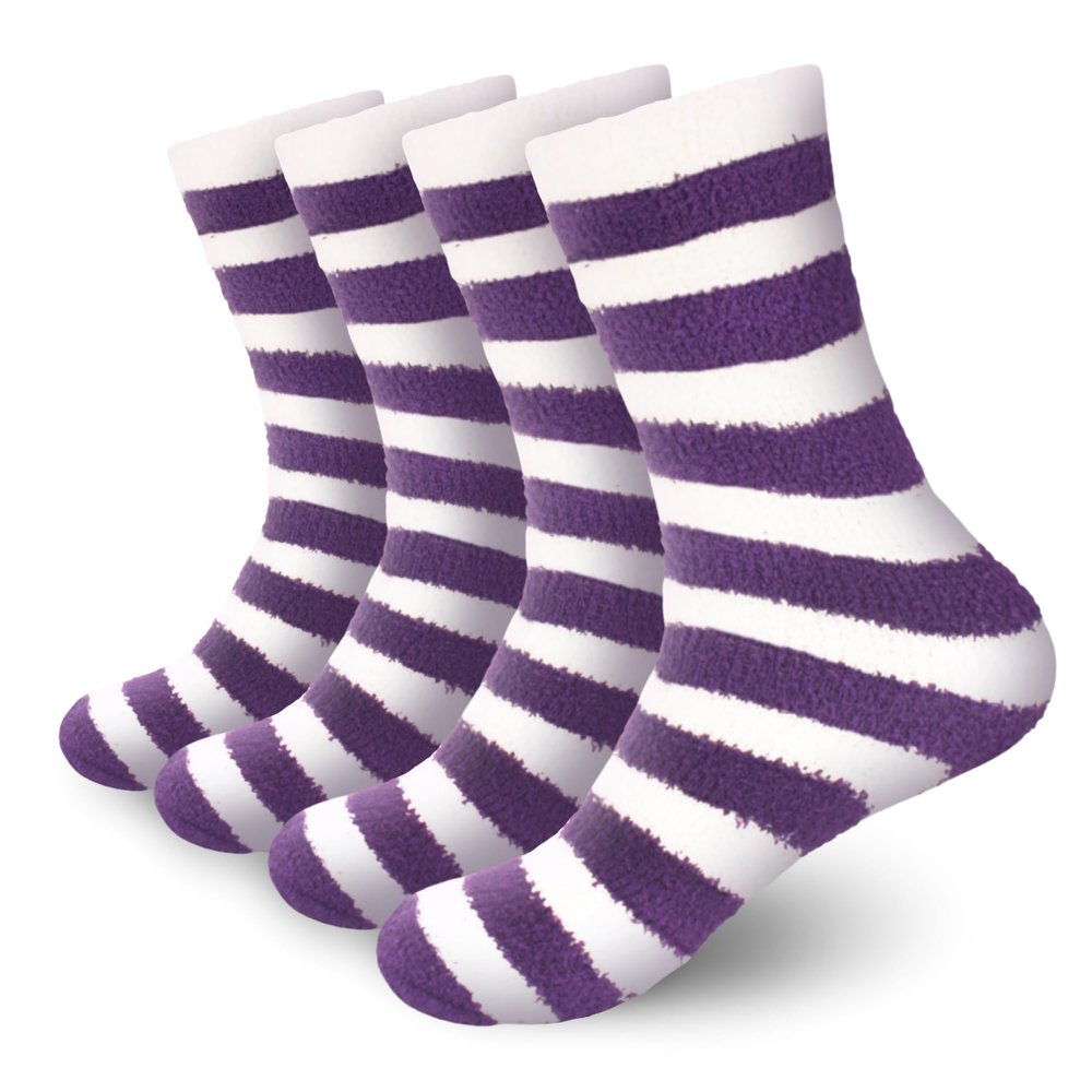 BambooMN Women's Fuzzy Team Spirit Socks - Super Soft Microfiber Game Day Sports Socks - Striped Purple & White - Extra Large - 4 Pairs