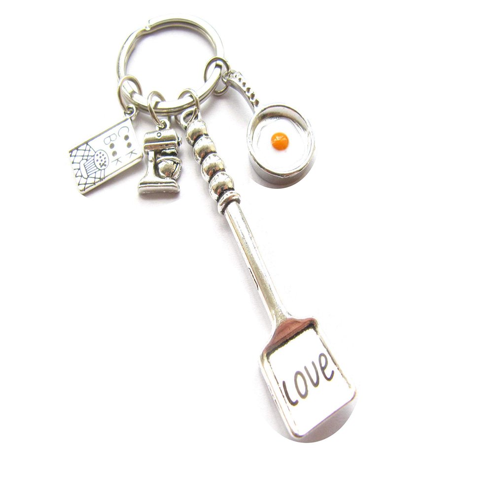 Ancient silver Baking Charms Egg Fry Cooking Utensils Keychains Love Shovel Cookbook Key Ring Pastry Chef Foodie Baker Gift