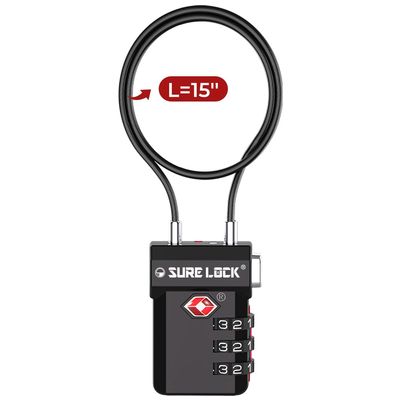 SURE LOCK TSA Approved Long Cable Luggage Lock 15-Inch Flexible Travel Lock to Secure Multiple Bags or Anchor to Fixed Objects, Resettable Combination with Visual Indicator Black 1 Pack