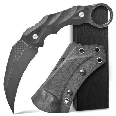 Ccanku C1692 Carbon Fiber Fixed Blade Knife,D2 Steel G10 Handle 4 Inches Camping EDC Tools Survival Claw Teeth Knife with Kydex Sheaths(Black)