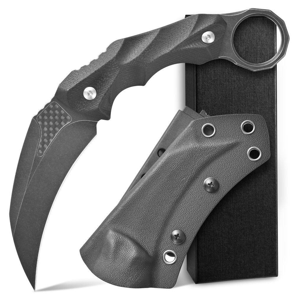 Ccanku C1692 Carbon Fiber Fixed Blade Knife,D2 Steel G10 Handle 4 Inches Camping EDC Tools Survival Claw Teeth Knife with Kydex Sheaths(Black)  