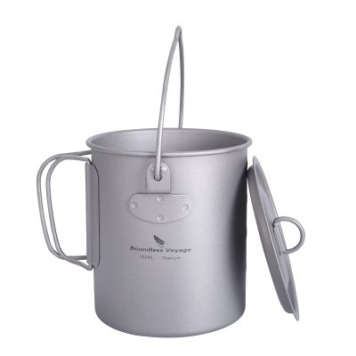 usharedo Outdoor 750ml Titanium Pot with Lid Folding Handle Camping Hiking Picnic Ultralight Portable Water Bottle