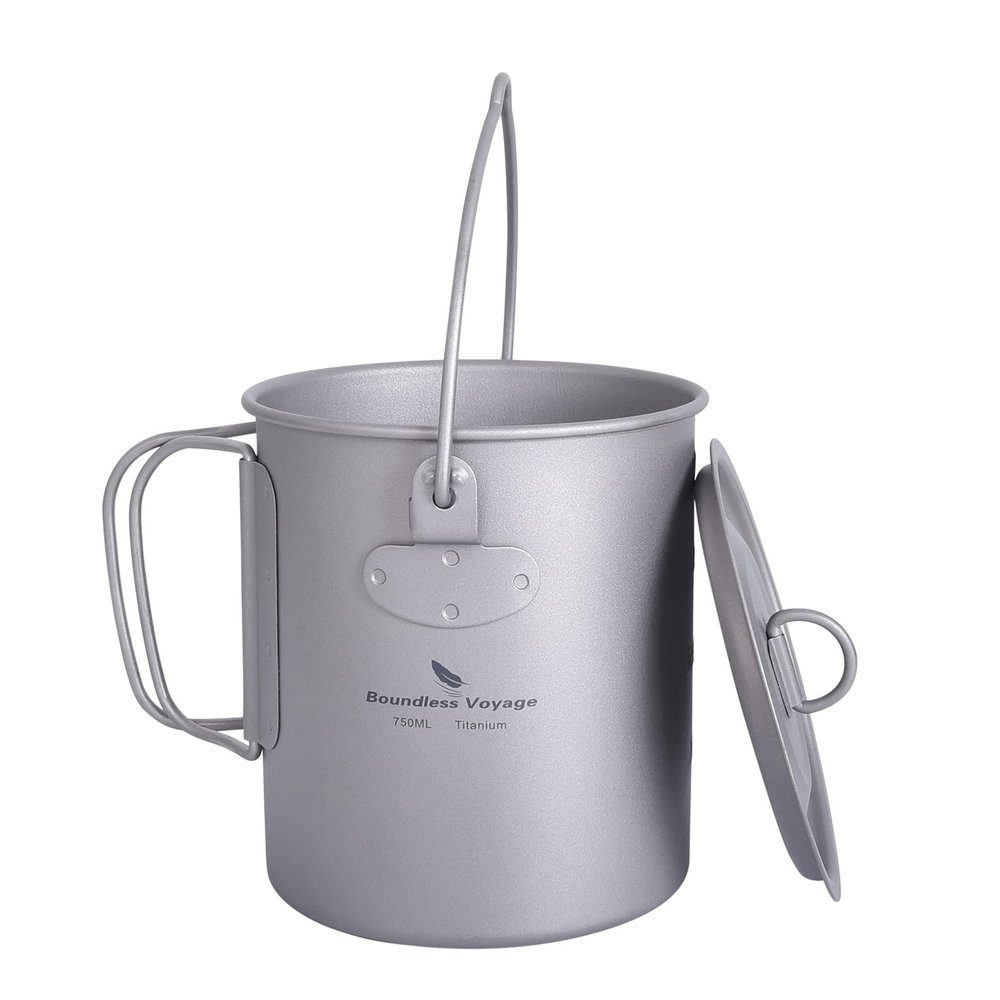 usharedo Outdoor 750ml Titanium Pot with Lid Folding Handle Camping Hiking Picnic Ultralight Portable Water Bottle