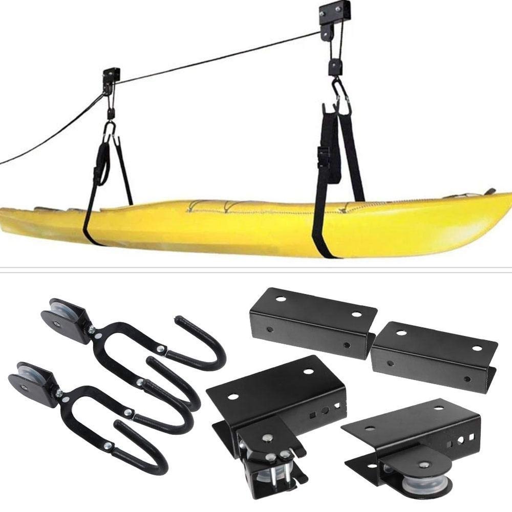 Kayak Ceiling Hoist, Kayak & Canoe Garage Storage Hoist Lift with Durable Rope, Overhead Hanging Pulley Rack with Hooks for Paddle Board,Snow Board, Surfboard, Canoe, Bike - 125lb Capacity