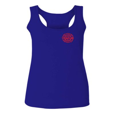 0121. America Patriotic Firefighter Support Seal Thin Red Line Fonts Fireman Women's Tank Top Racerback (Royal Large)