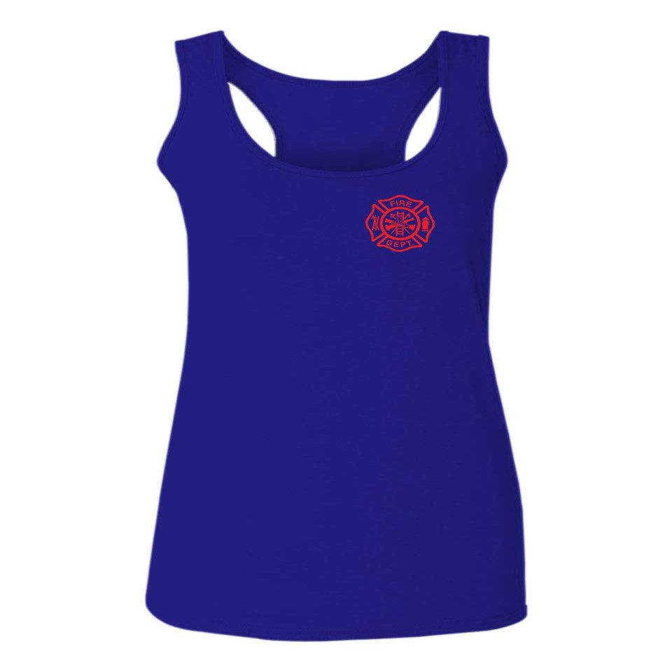 0121. America Patriotic Firefighter Support Seal Thin Red Line Fonts Fireman Women's Tank Top Racerback (Royal Large)