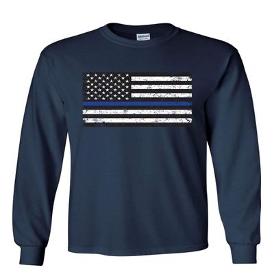 American Flag Thin Blue Line Long Sleeve T-Shirt Police USA Law Enforcement Tee Navy Blue Medium