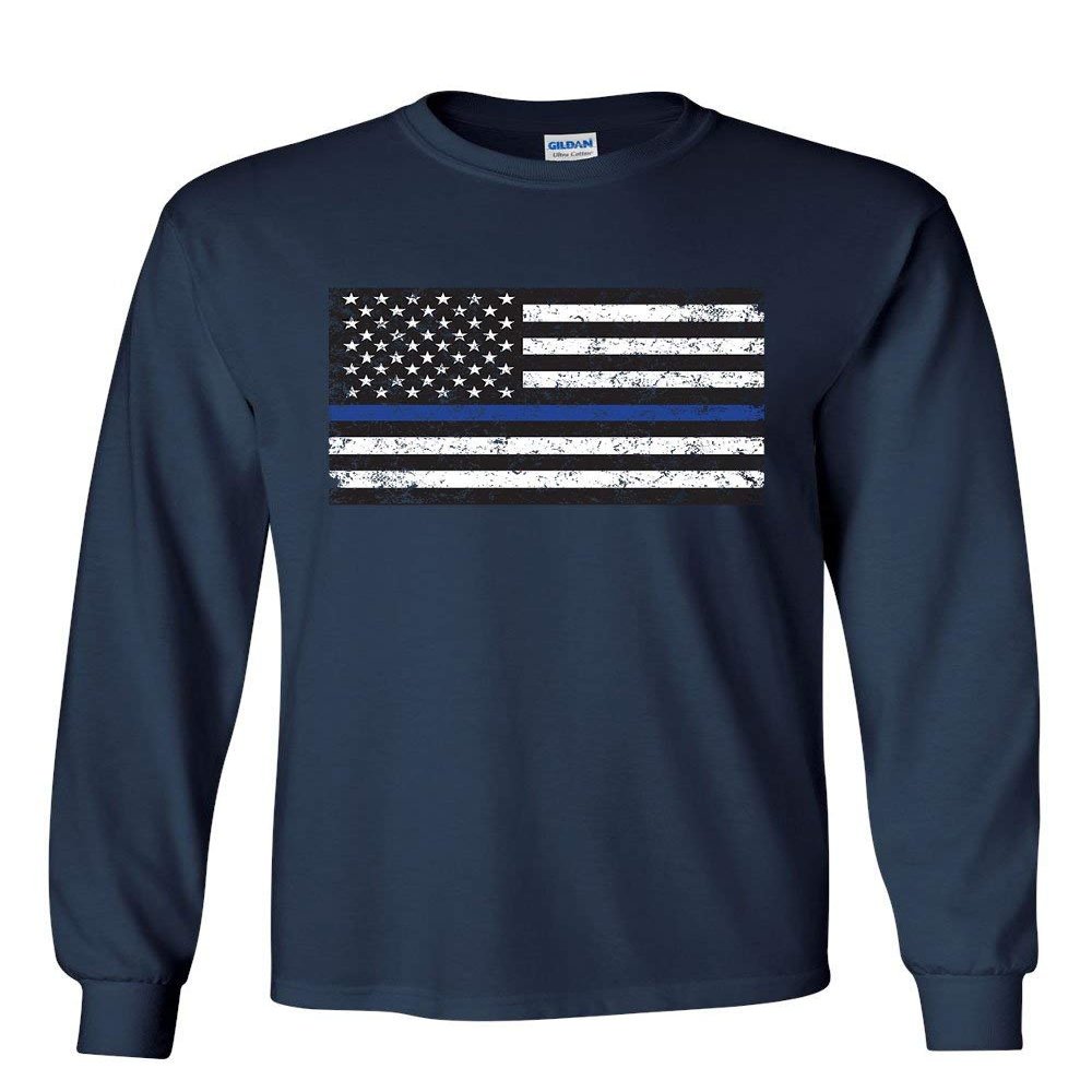American Flag Thin Blue Line Long Sleeve T-Shirt Police USA Law Enforcement Tee Navy Blue Medium