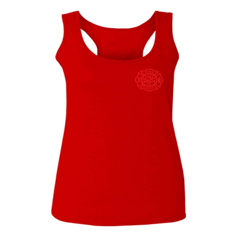 0121. America Patriotic Firefighter Support Seal Thin Red Line Fonts Fireman Women's Tank Top Racerback (Red, X Small)