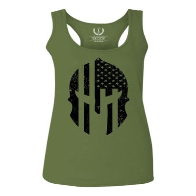 0146. Military Patriotic Molon Labe Spartan Helmet American Flag Women's Tank Top Racerback (Olive, X Small)