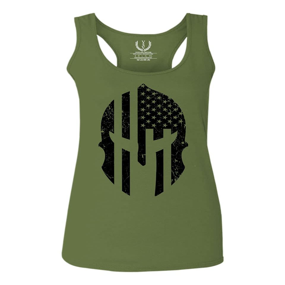 0146. Military Patriotic Molon Labe Spartan Helmet American Flag Women's Tank Top Racerback (Olive, X Small)