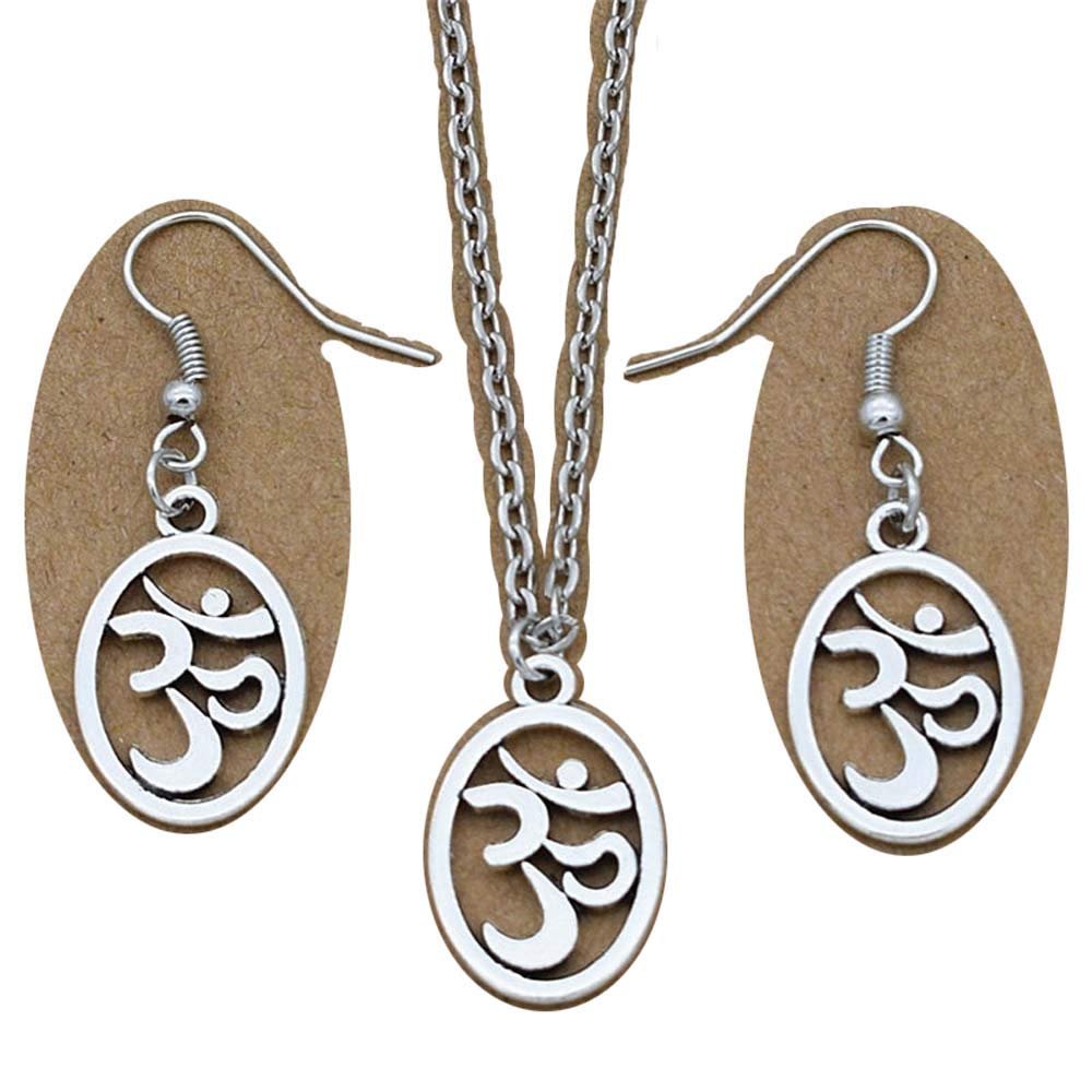 Antique Silver Spiritual Yoga Om Charm Oval Shape Mandala Jewelry Sets for Women OM Ohm Symbol Necklace