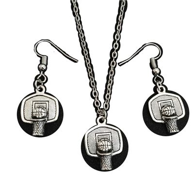 Antique Silver Basketball Hoop Rim Ball Shoot Basket Necklace Drop Earrings Jewelry Set