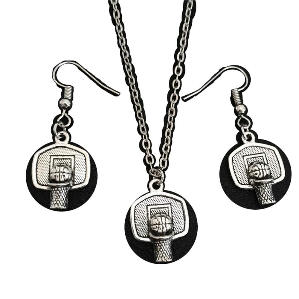 Antique Silver Basketball Hoop Rim Ball Shoot Basket Necklace Drop Earrings Jewelry Set