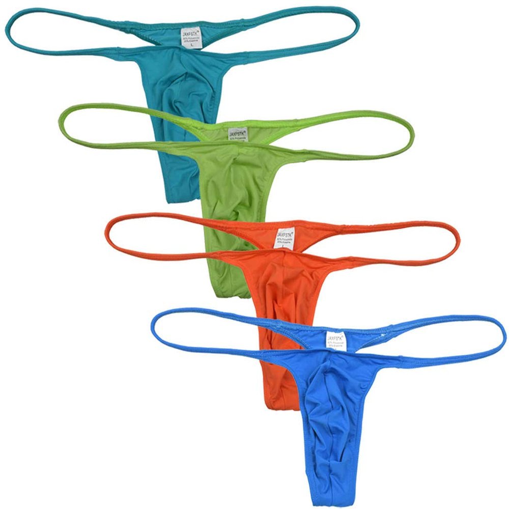 OROCOJUCO 4-Pack Men's Bikini Thong Underwear Slim Pouch String Tangas Second Skin Feel Sexy Low Rise T-back Large