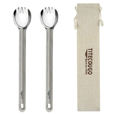 TITECOUGO Titanium Spork, Camping Long Spork Titanium Multitool Lightweight Camp Outdoors Hiking Travel Convenient Picnic Spoon Fork for Men Women Portable Flatware 2 pack