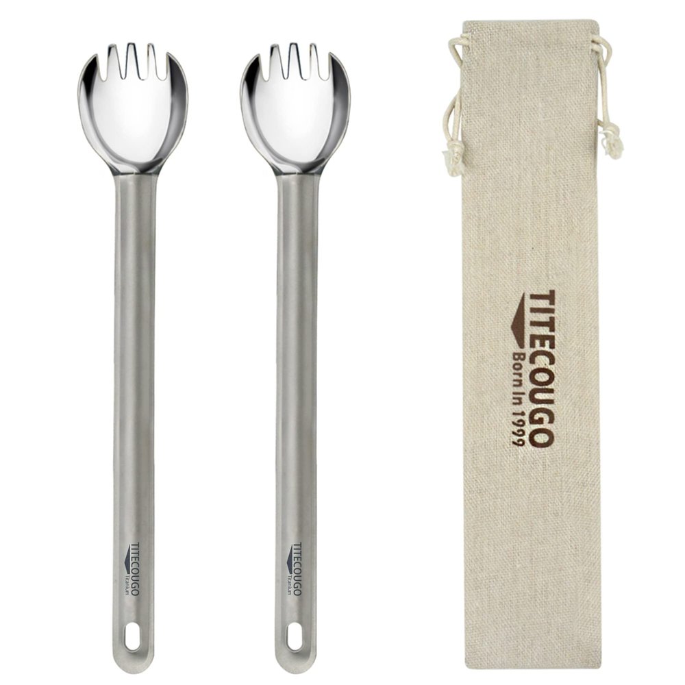 TITECOUGO Titanium Spork, Camping Long Spork Titanium Multitool Lightweight Camp Outdoors Hiking Travel Convenient Picnic Spoon Fork for Men Women Portable Flatware 2 pack