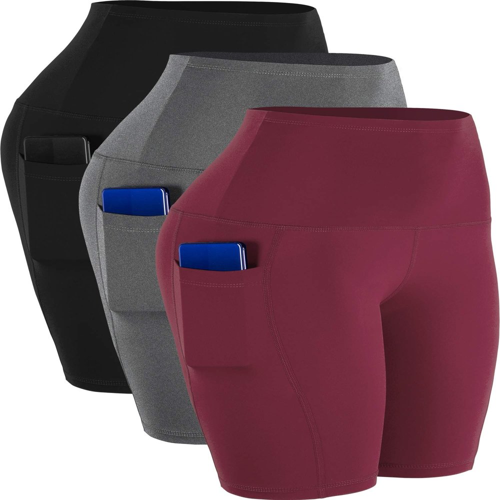 CADMUS 3 Pack Women Biker Compression Short Leggings for Yoga Workout with Big Pockets,3 Pack,1026,Black,Grey,Wine Red,Small