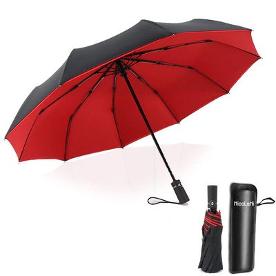 NicoleNi Auto Windproof Umbrella with 10 Ribs and Double Layers, Compact Folding Travel Umbrella with Leather Cover for Men&Women - Perfect for Travel, Rain or Storms (Red)