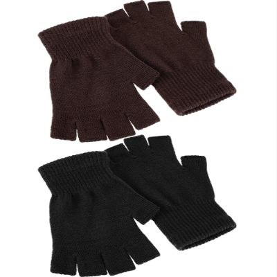 SATINIOR 2 Pair Unisex Half Finger Gloves Winter Stretchy Knit Fingerless Gloves in Common Size (Brown and Black)