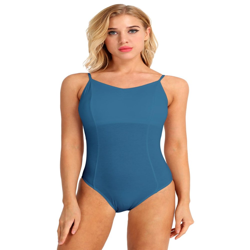 renvena Women Ballet Dance Leotard Spaghetti Straps Bodysuit Criss Cross Back Gymnastics Dance Jumpsuit Blue-green Large