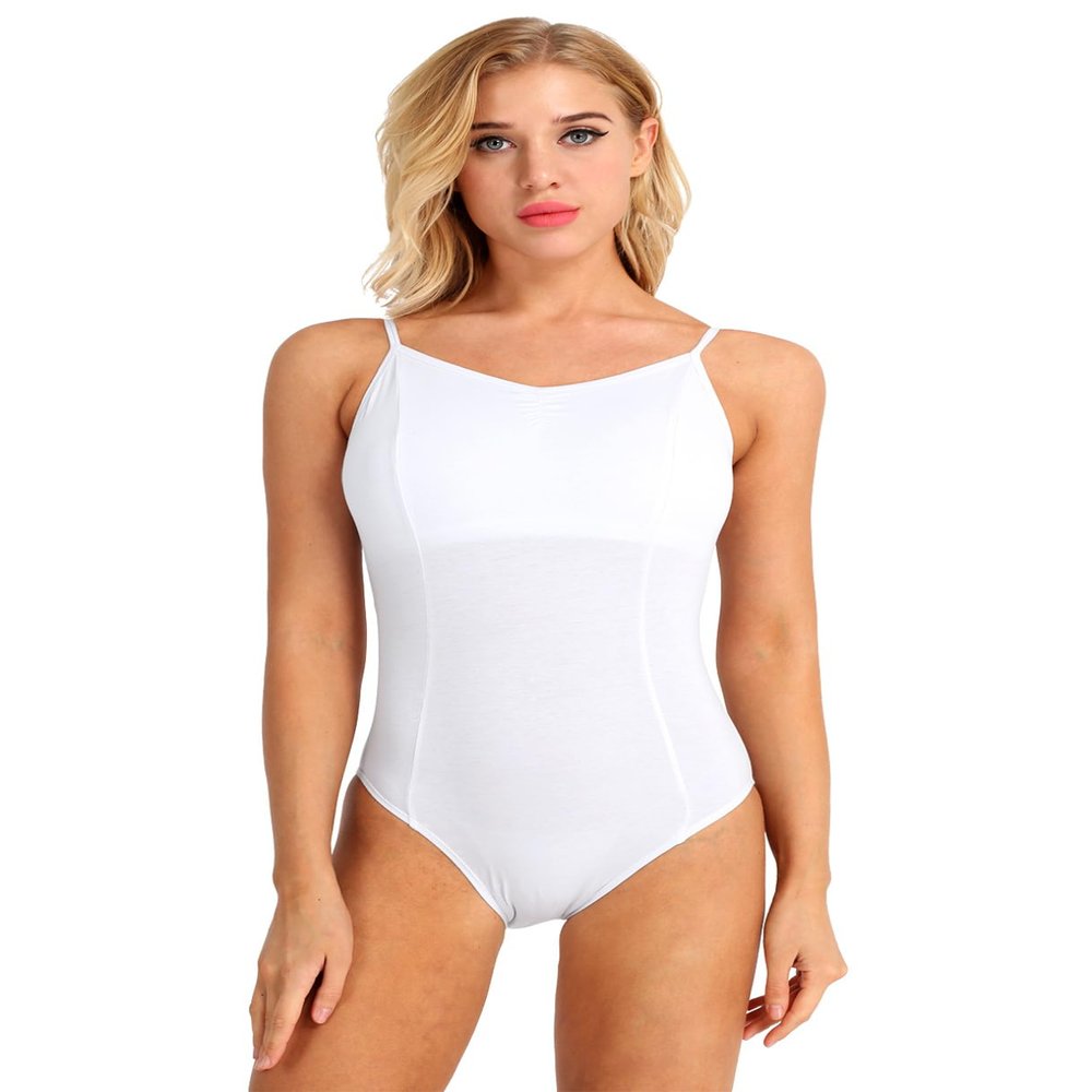 renvena Women Ballet Dance Leotard Spaghetti Straps Bodysuit Criss Cross Back Gymnastics Dance Jumpsuit White X-Large