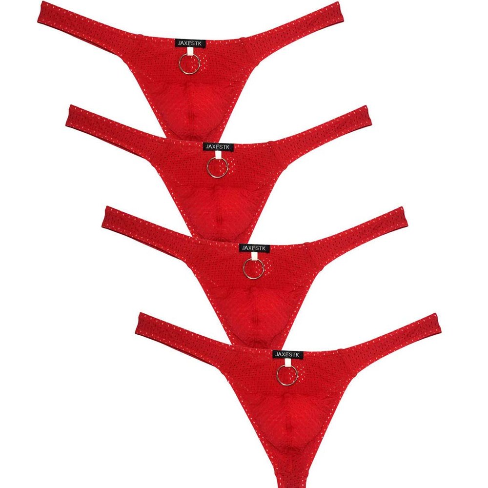 JAXFSTK Sexy Men's Low Rise Bikini Thong Underwear Iron Hoop T-Back Panties Breathable Tangas 4-Pack Red Large