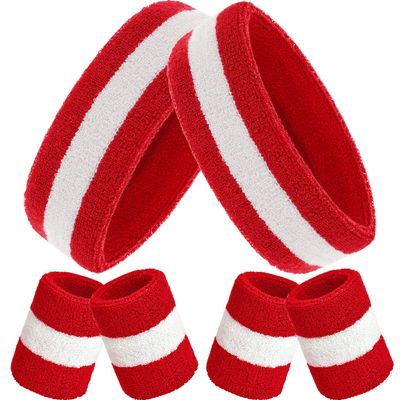 6 Pcs Rainbow Terry Cloth Sweatbands Set: 2 Headbands, 4 Wristbands for Sports, Gym, LGBT Pride Parades for Men & Women (Red and White Stripes)