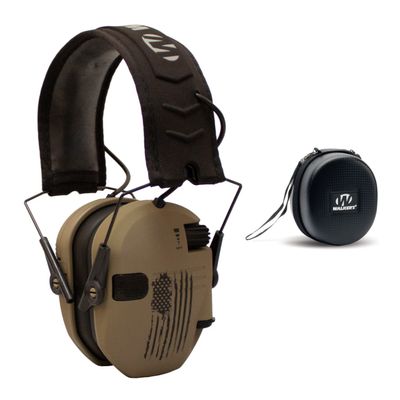 Walker's Razor Slim Electronic Shooting Hearing Protection Muff (American Flag Distressed, Tan) with Shooting Hearing Protection Case Bundle (2 Items)